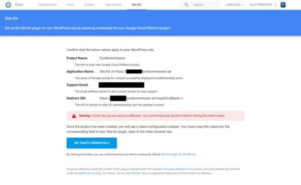 Google Site Kit Sicherheitsschlüssel anfordern