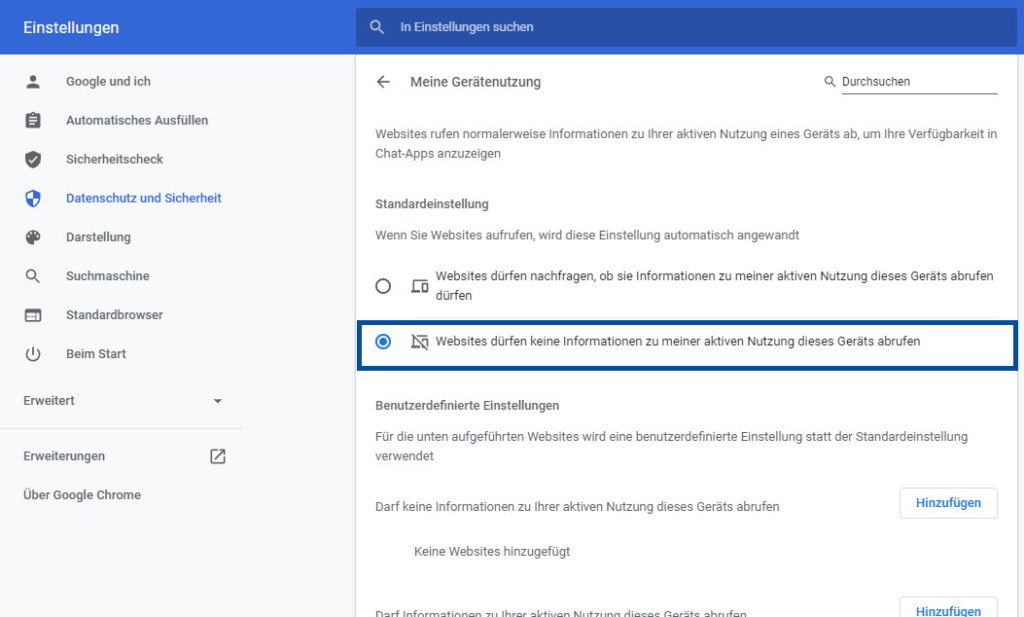 Einstellung für "Idle Detection API" in Google Chrome Version 94