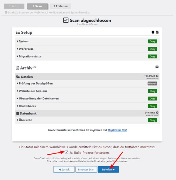 Domainumzug ohne Rankingverlust - Duplicator Scan vor Backup