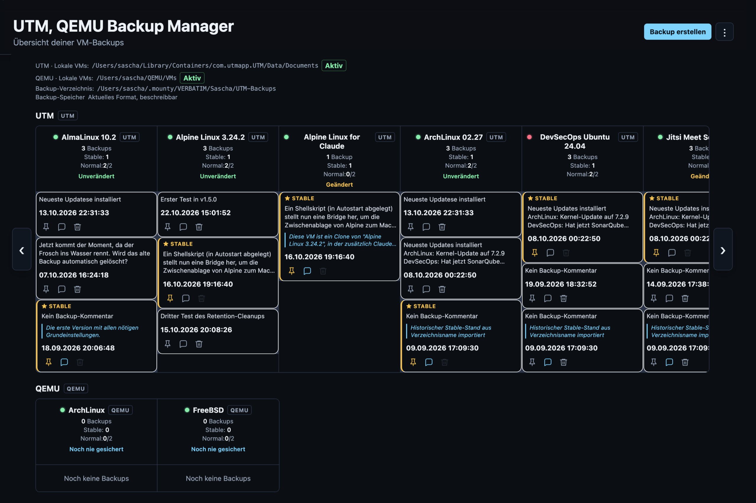 Übersichtsseite des Backup-Managers mit der Tabelle aus VMs (Spalten) und deren Backups (Zeilen)