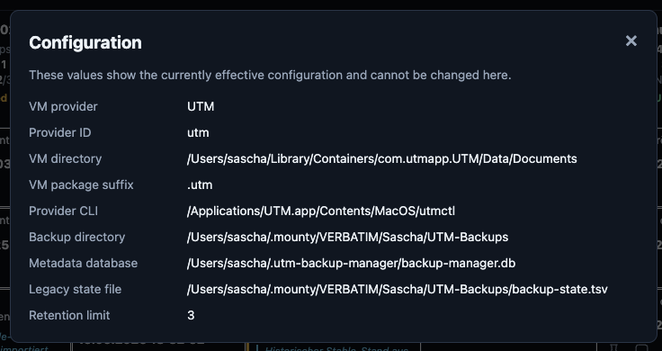 Das read-only Fenster mit den konfigurierten Werten für den Hypervisor (hier UTM) sowie die Pfade für die VMs und die Backups.
