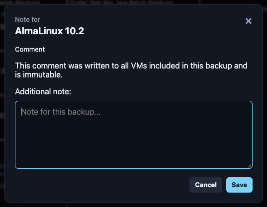 Eingabefenster für eine Notiz/Anmerkung zu einem bestimmten individuellen Backup, zusätzlich zu dem Kommentar, der bei der Backup-Erstellung mitgegeben wurde.