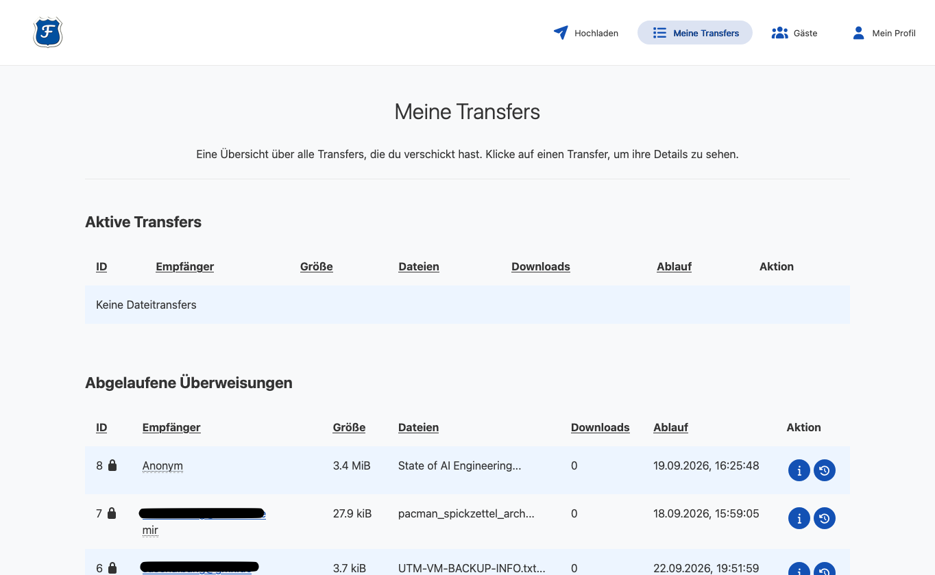 Screenshot der Übersichtsseite in FileSender mit den bisherigen Uploads und ihren Empfängern.